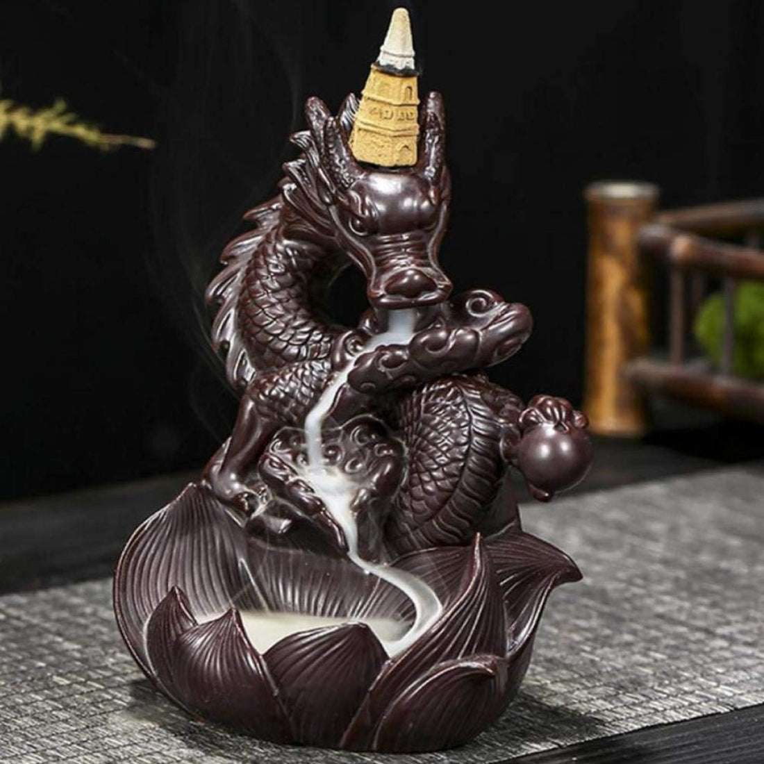 Incense Cone Stand - Flowing Smoke - Dragon with Lotus 2