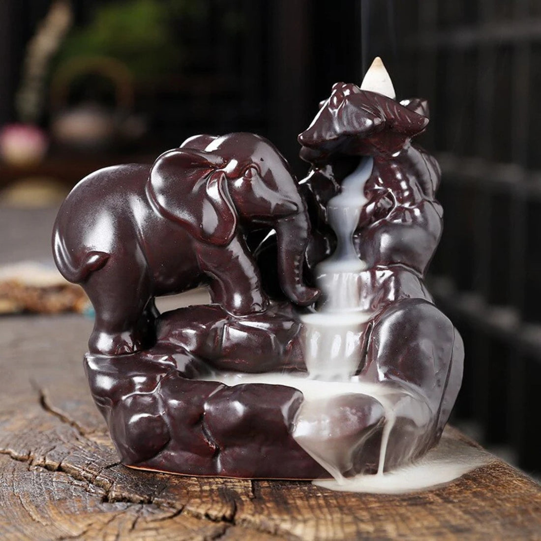 Incense Cone Stand - Flowing Smoke - Elephant and Waterfall